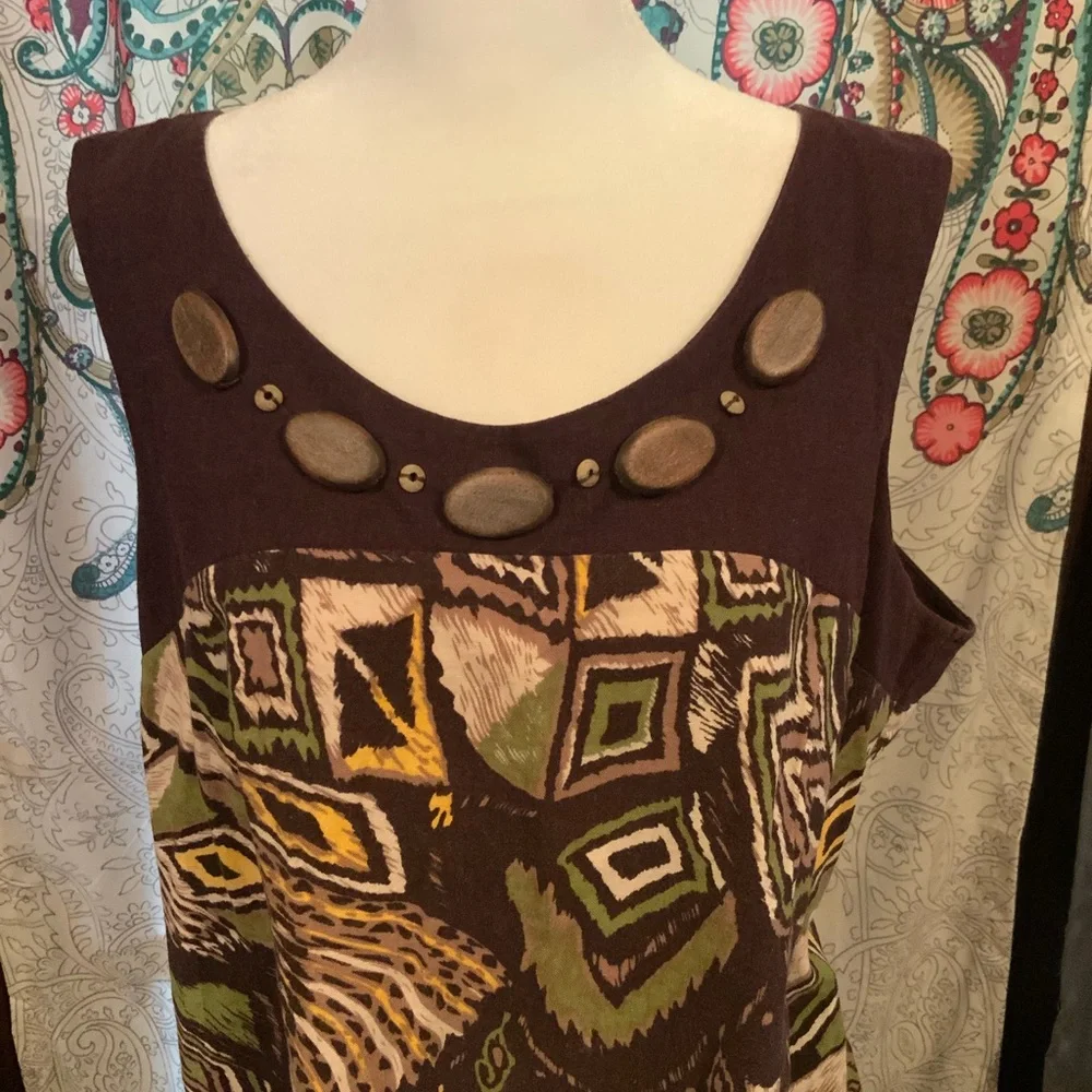 NWOT Notations Geometric Patterned Tank Top Stoned Beaded Brown Green Size XL